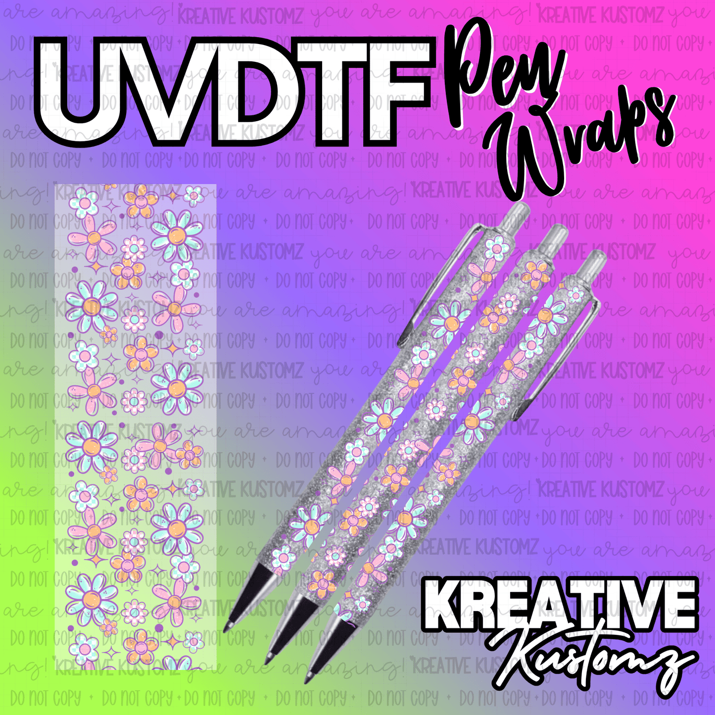 A floral UV DTF adhesive pen wrap featuring colorful daisy patterns on a clear background.