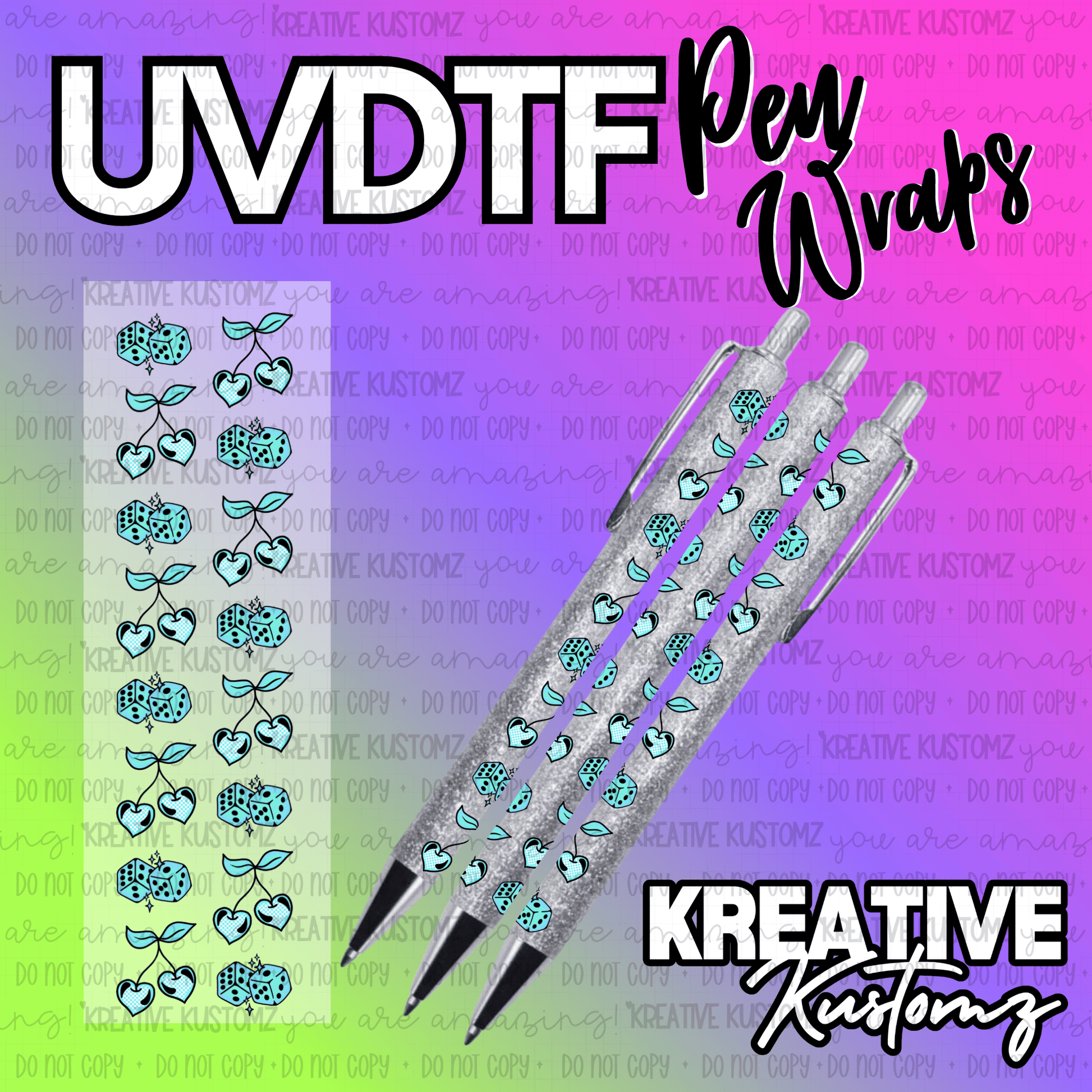 A UV DTF adhesive pen wrap featuring a blue dice and heart pattern on a glittery background.