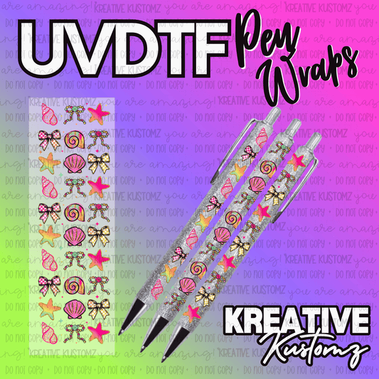 A sheet of UV DTF pen wraps featuring seashell, starfish, and bow designs on glittery pens.