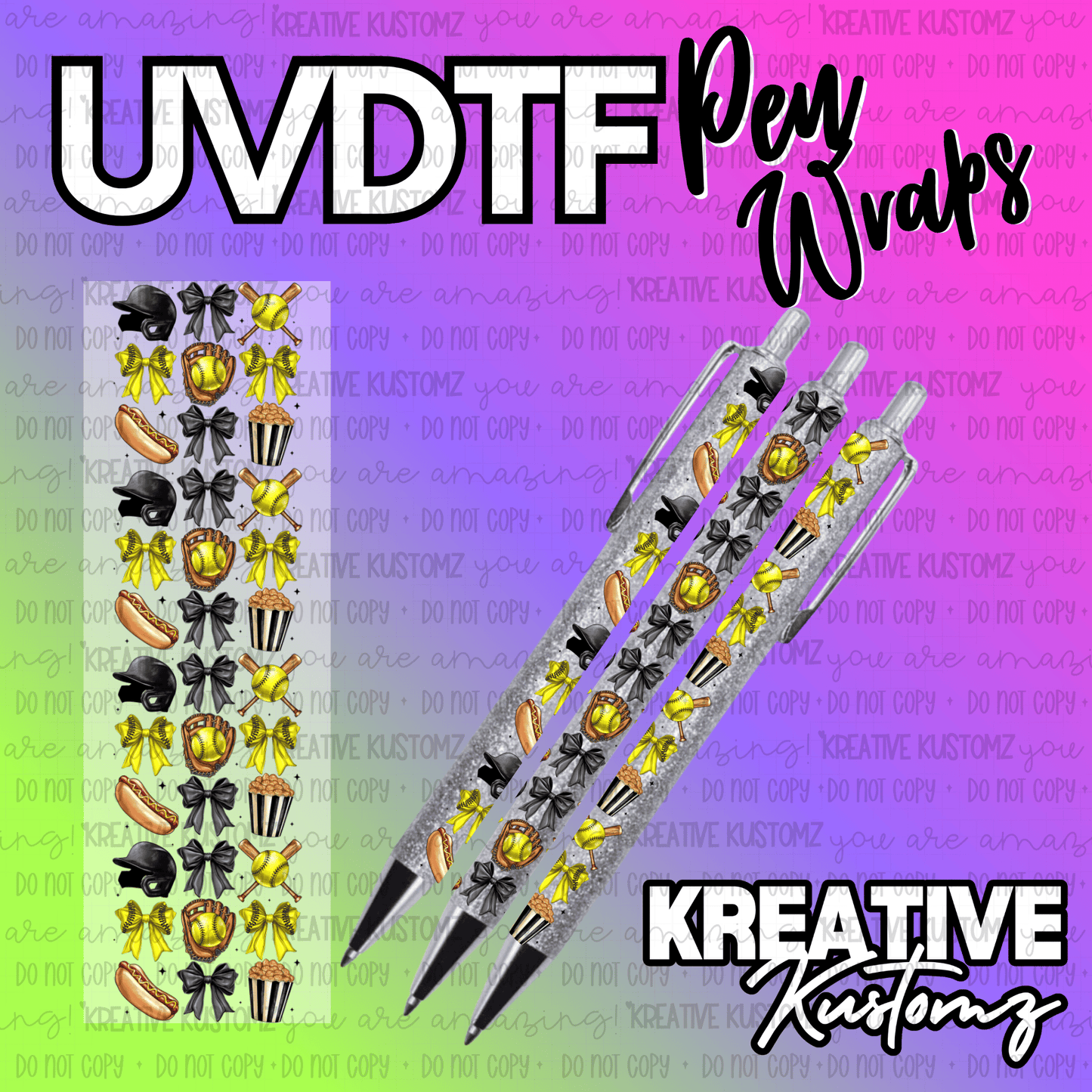 A UV DTF adhesive pen wrap featuring a baseball-themed pattern on a glittery background.