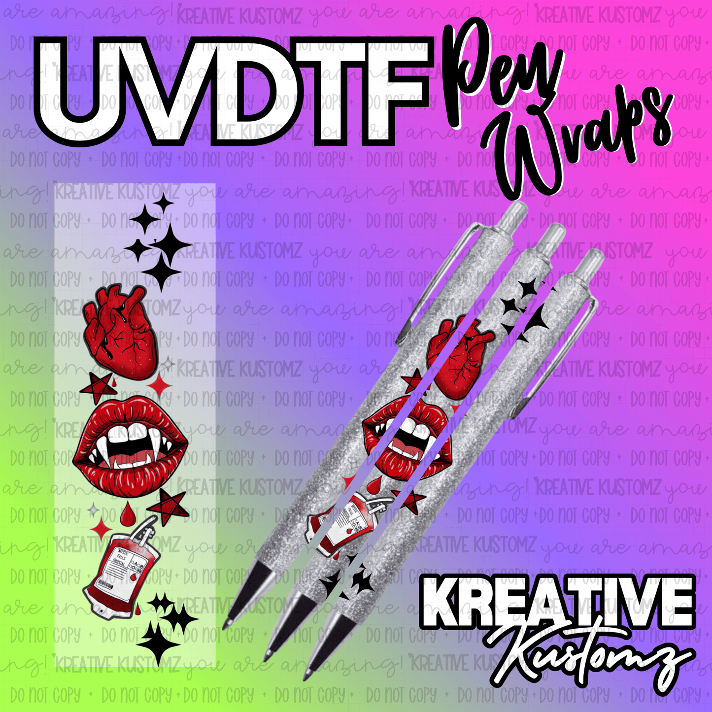 A UV DTF adhesive pen wrap featuring a vampire-themed design with hearts, lips, and blood bags.