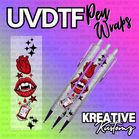 A UV DTF adhesive pen wrap featuring a vampire-themed design with hearts, lips, and blood bags.