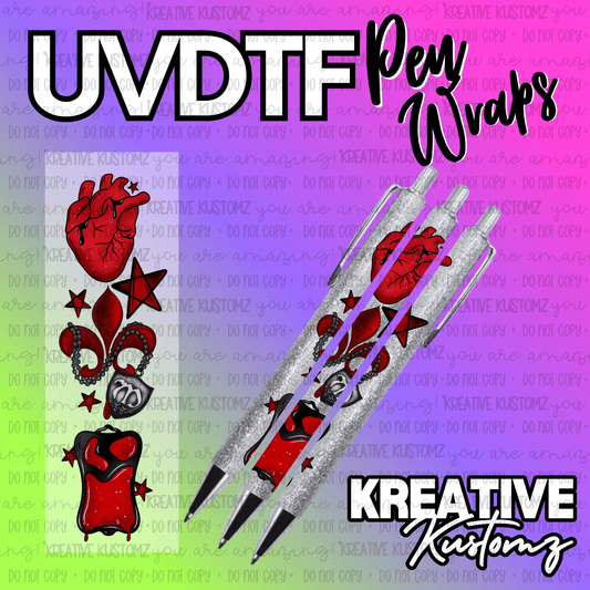 A floral UV DTF adhesive pen wrap featuring a red heart and gothic design elements.