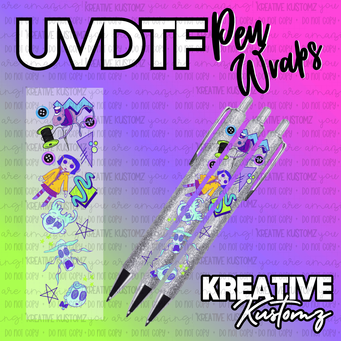 A Coraline-themed UV DTF adhesive pen wrap featuring character decals on a glittery pen.