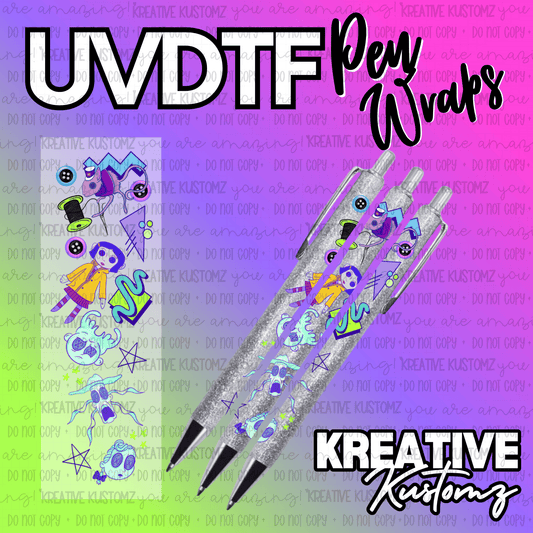 A Coraline-themed UV DTF adhesive pen wrap featuring character decals on a glittery pen.