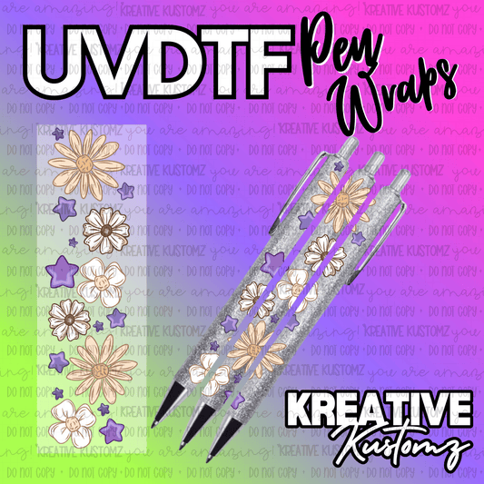 A floral UV DTF adhesive pen wrap featuring white and tan flowers with purple stars.