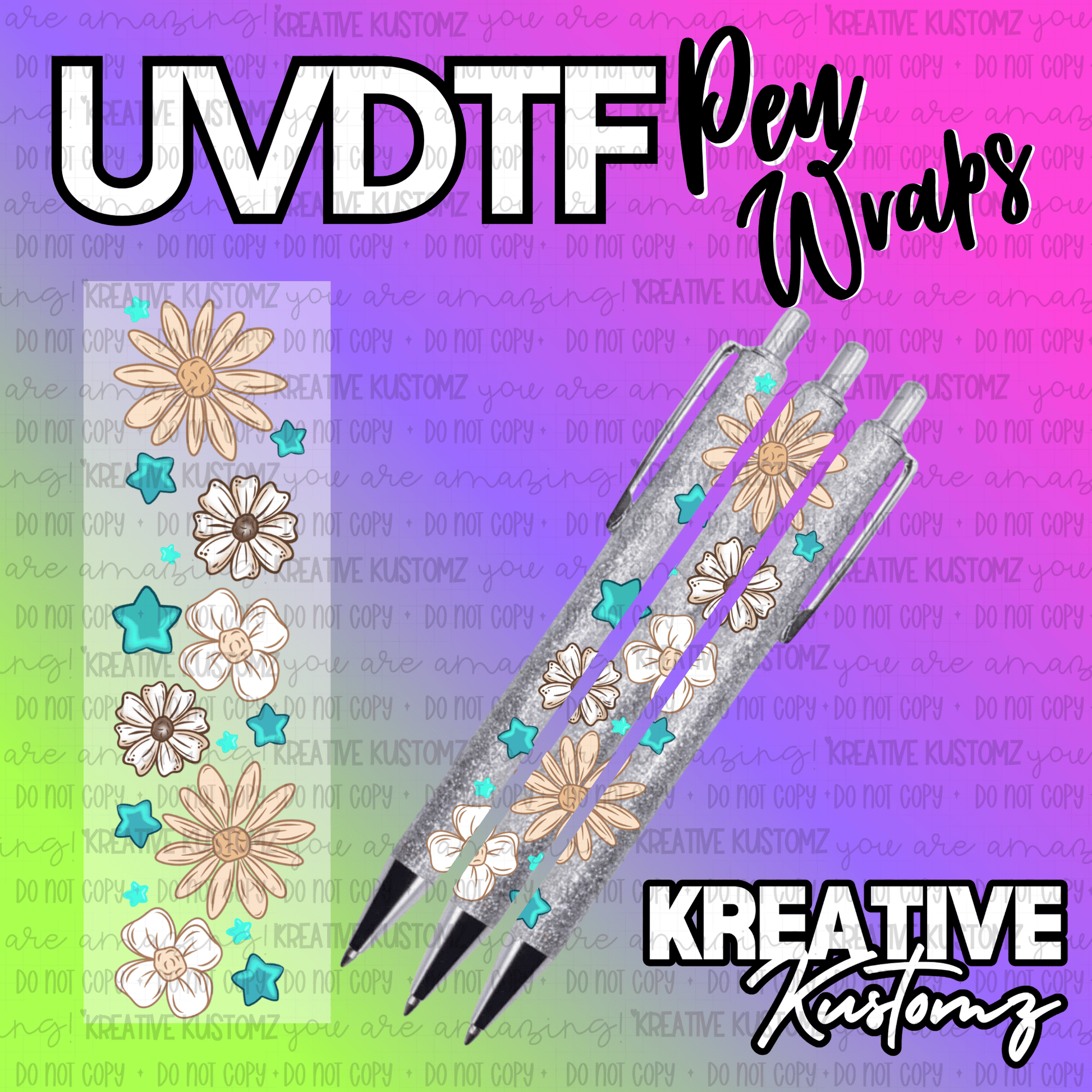 A UV DTF adhesive pen wrap featuring a floral and star pattern on a transparent backing.