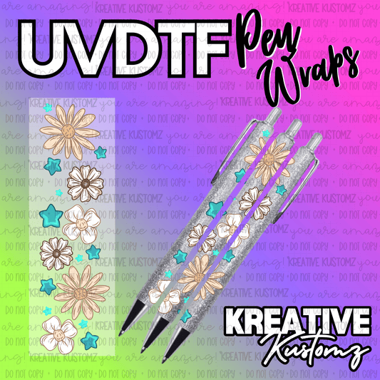 A UV DTF adhesive pen wrap featuring a floral and star pattern on a transparent backing.
