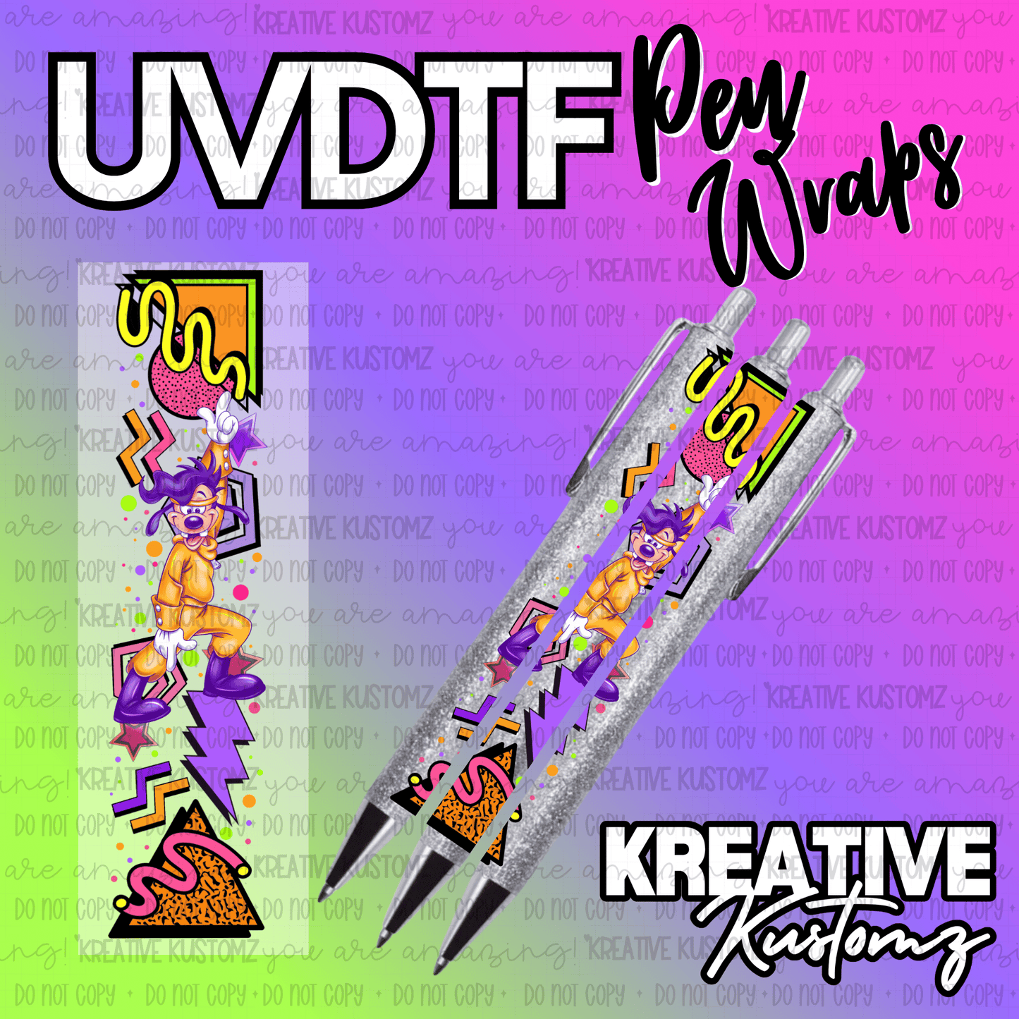 A UV DTF adhesive pen wrap featuring a 90s-style Max Goof design on a glittery pen.
