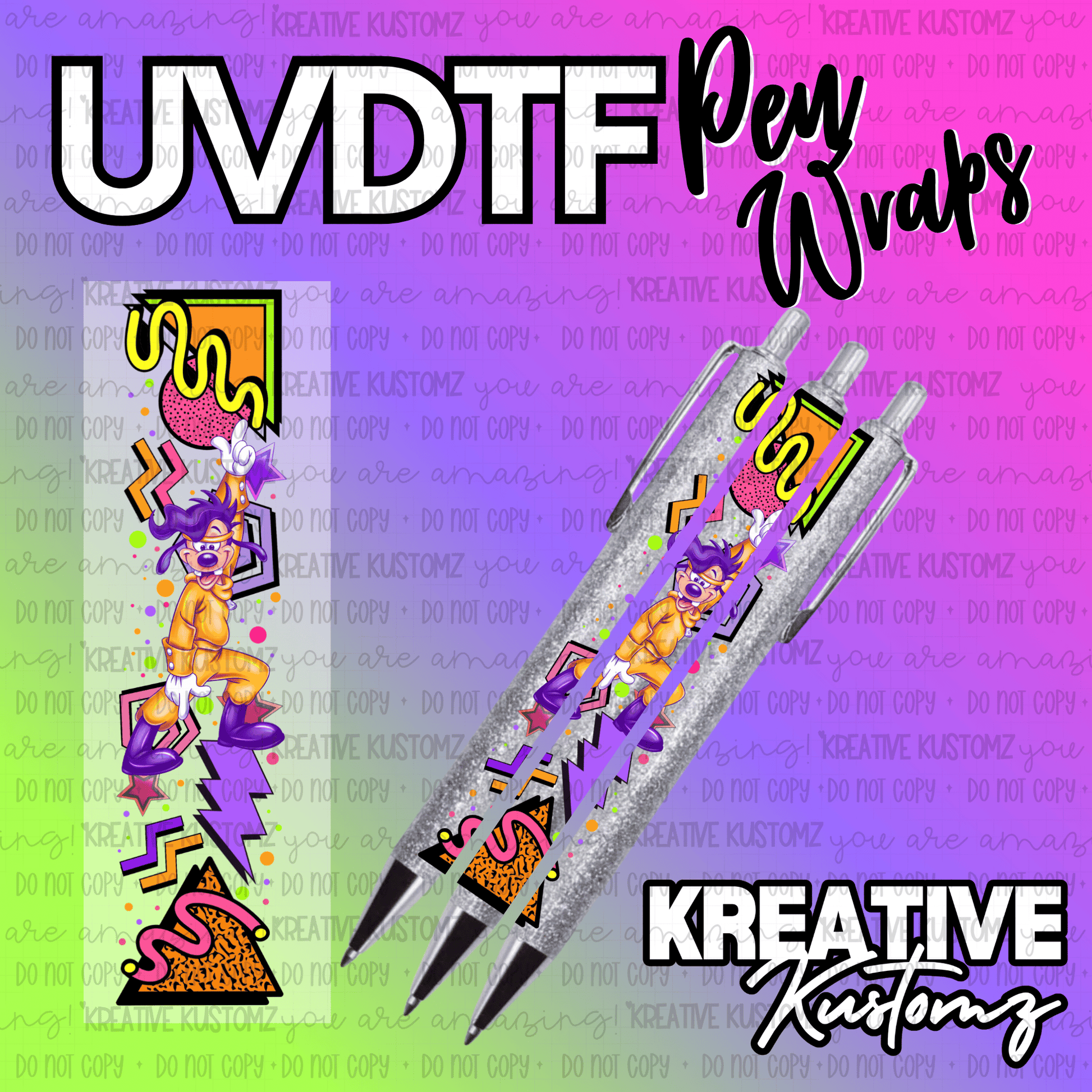 A UV DTF adhesive pen wrap featuring a 90s-style Max Goof design on a glittery pen.