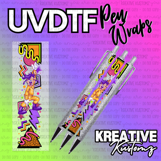 A UV DTF adhesive pen wrap featuring a 90s-style Max Goof design on a glittery pen.