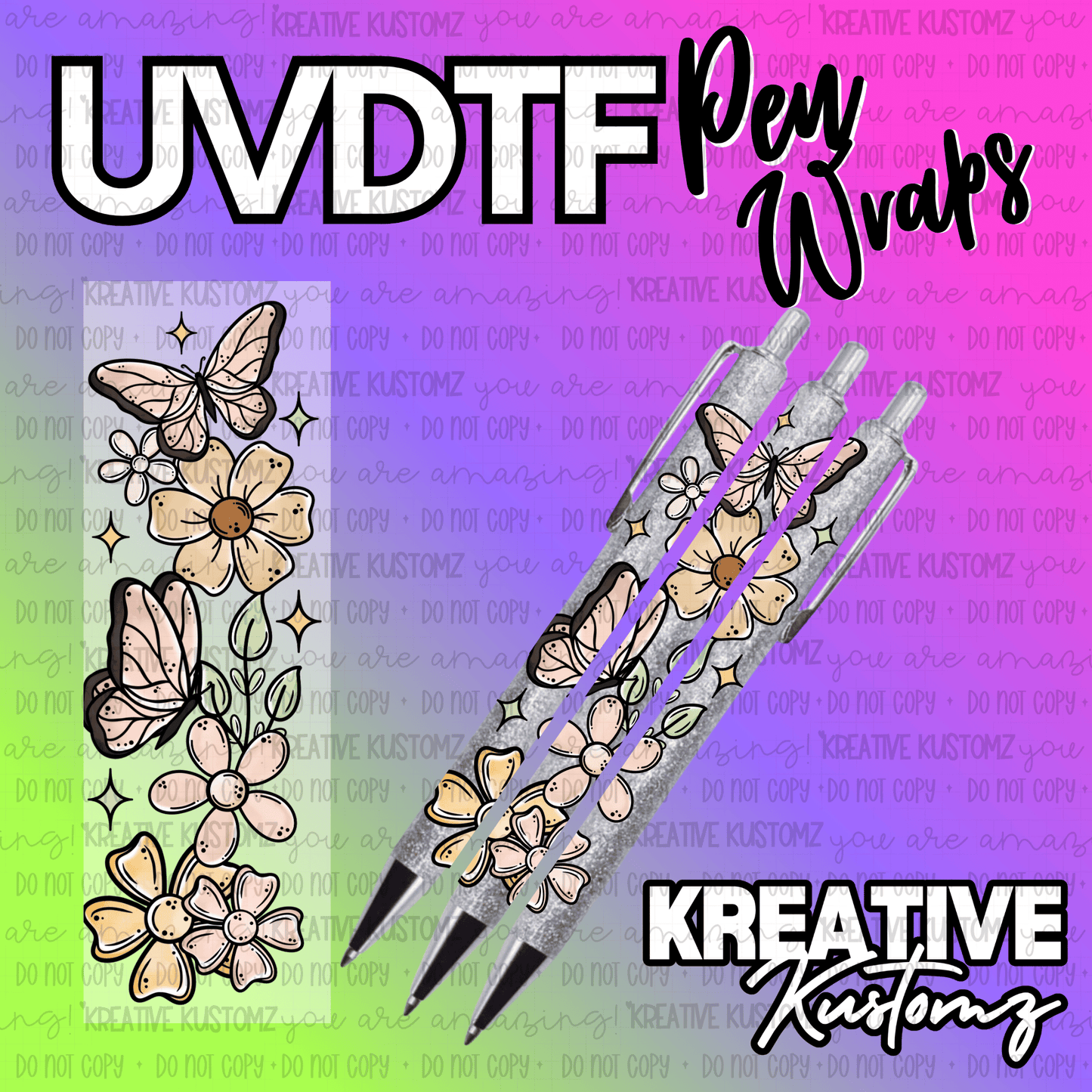 A floral UV DTF adhesive pen wrap featuring butterflies and flowers on a glittery pen.
