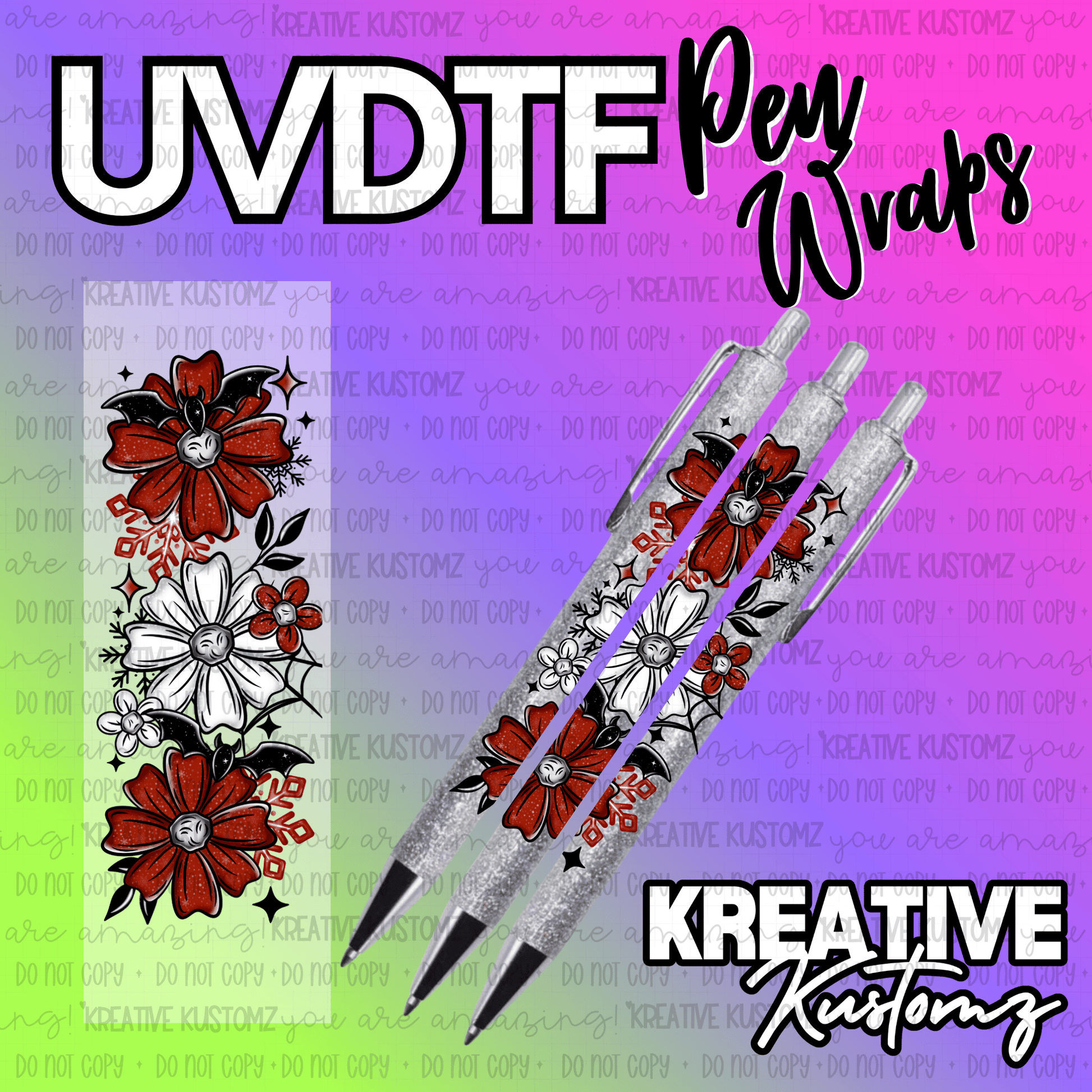 A UV DTF pen wrap featuring a floral and bat design in red, white, and black.