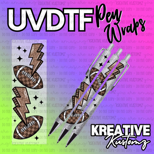 A UV DTF adhesive pen wrap featuring a brown checkered football and lightning bolt design.