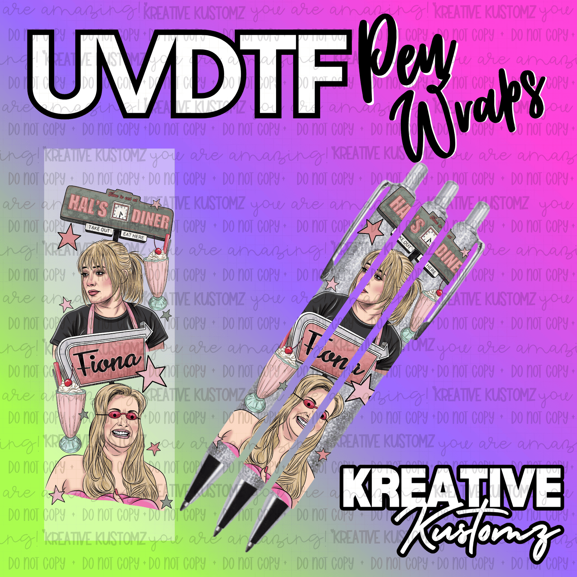 A UV DTF pen wrap featuring illustrations of two women and a diner sign on a glittery background.