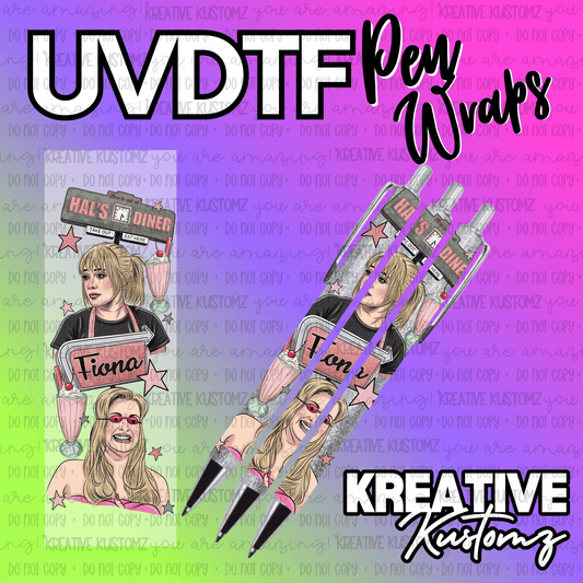 A UV DTF pen wrap featuring illustrations of two women and a diner sign on a glittery background.