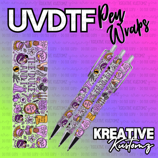 A floral UV DTF adhesive pen wrap featuring Bridgerton-themed illustrations on a purple background.