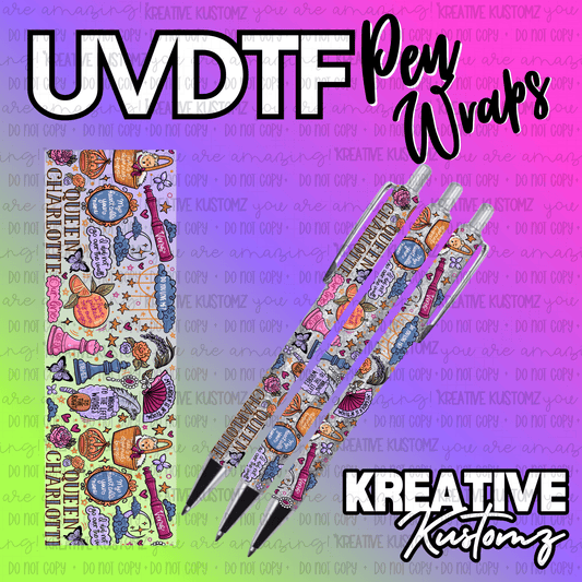 A colorful UV DTF adhesive pen wrap featuring whimsical illustrations and text on a gradient background.
