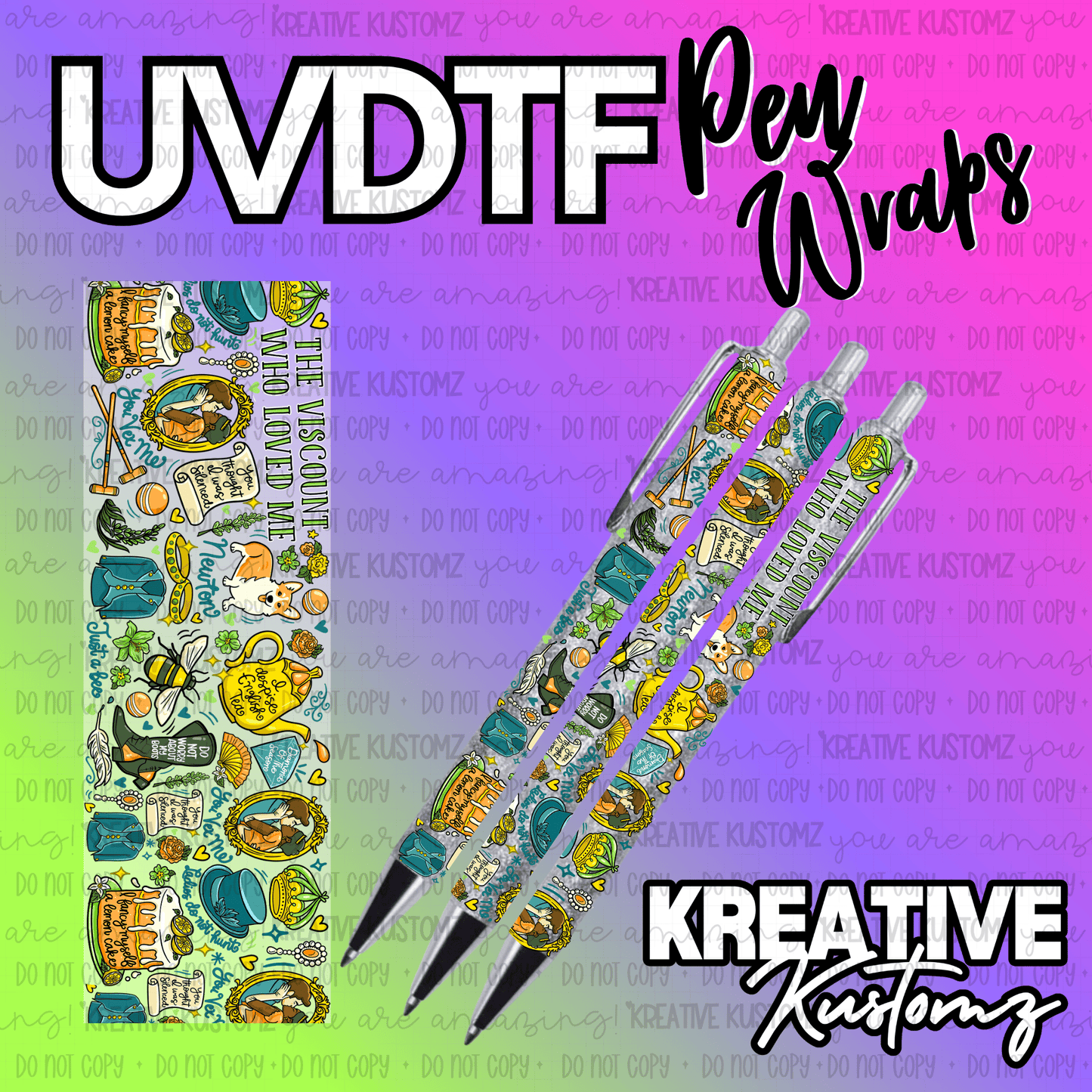 A Bridgerton-themed UV DTF adhesive pen wrap featuring colorful illustrations on a clear backing.