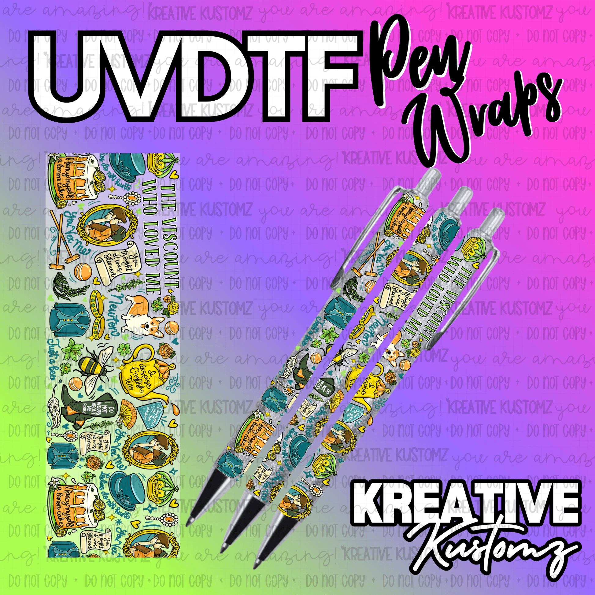 A Bridgerton-themed UV DTF adhesive pen wrap featuring colorful illustrations on a clear backing.