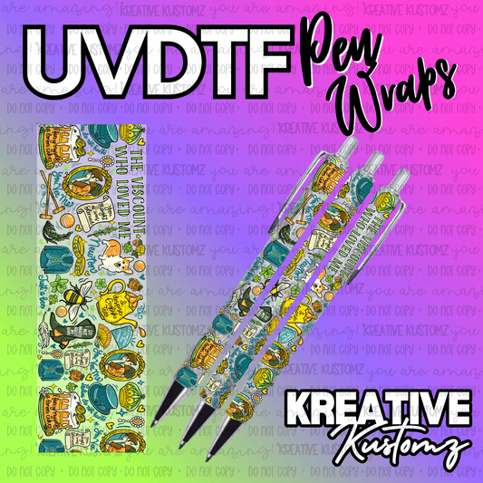 A Bridgerton-themed UV DTF adhesive pen wrap featuring colorful illustrations on a clear backing.