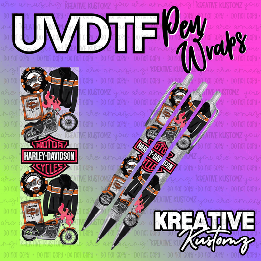 A Harley-Davidson themed UV DTF adhesive pen wrap featuring motorcycle and oil can graphics.