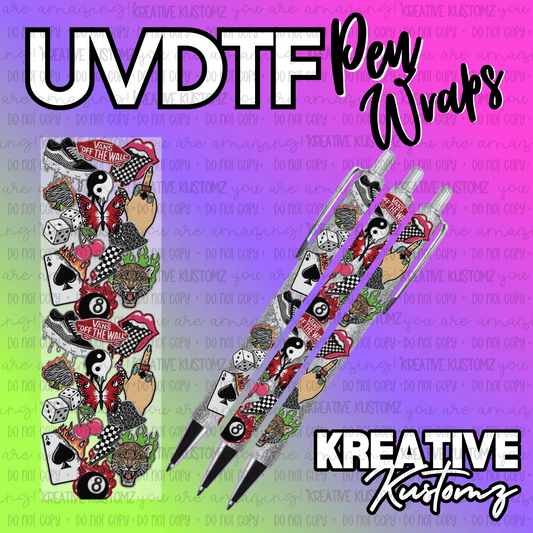 A UV DTF adhesive pen wrap featuring a collage of Vans shoes, dice, cherries, and leopard heads.