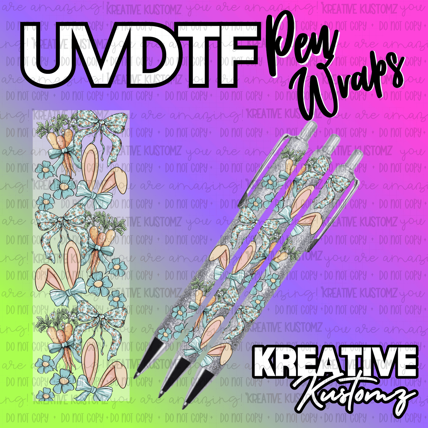 A UV DTF adhesive pen wrap featuring a pattern of Easter bunnies, carrots, and floral bows.