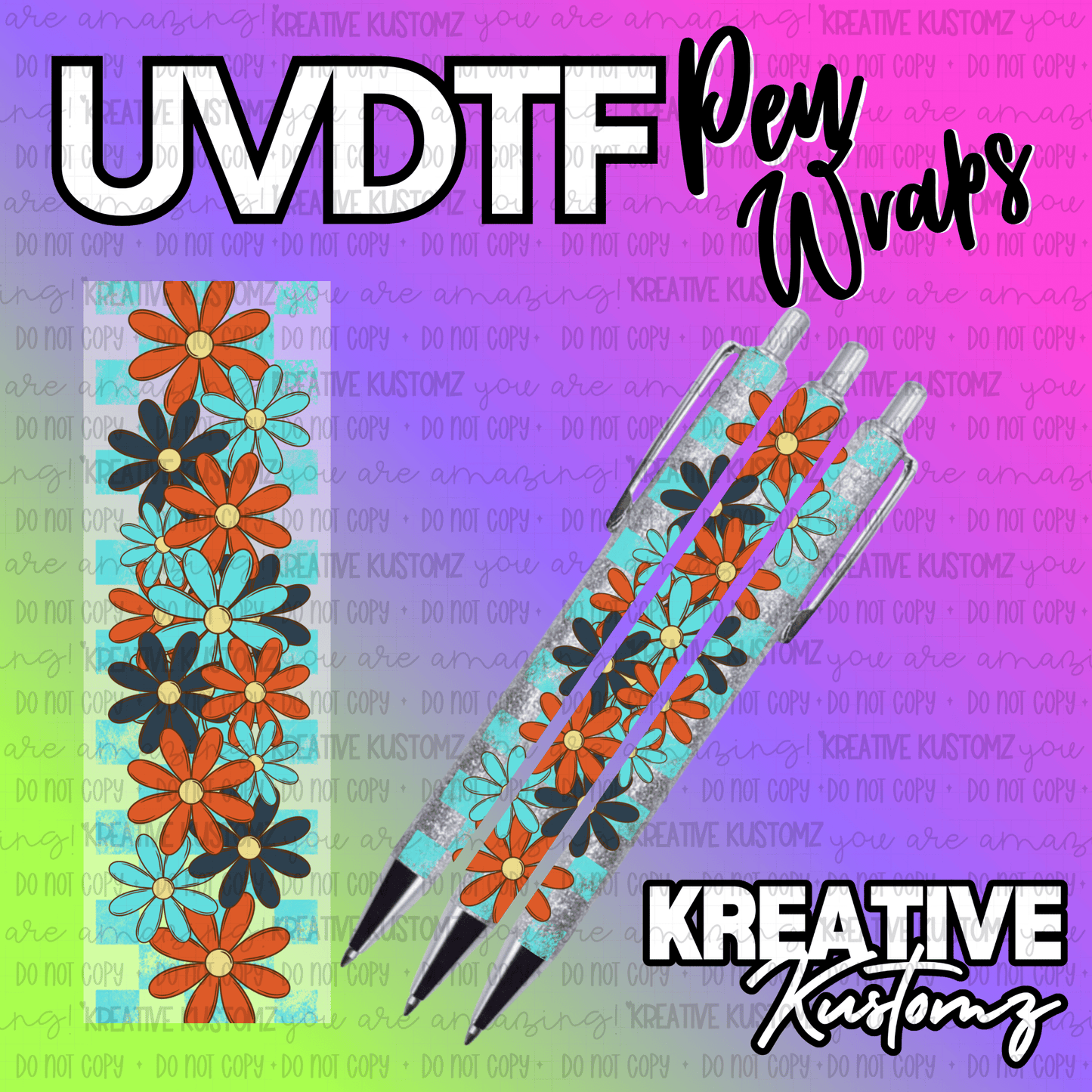 A UV DTF adhesive pen wrap featuring a pattern of orange and blue flowers on a checkered background.