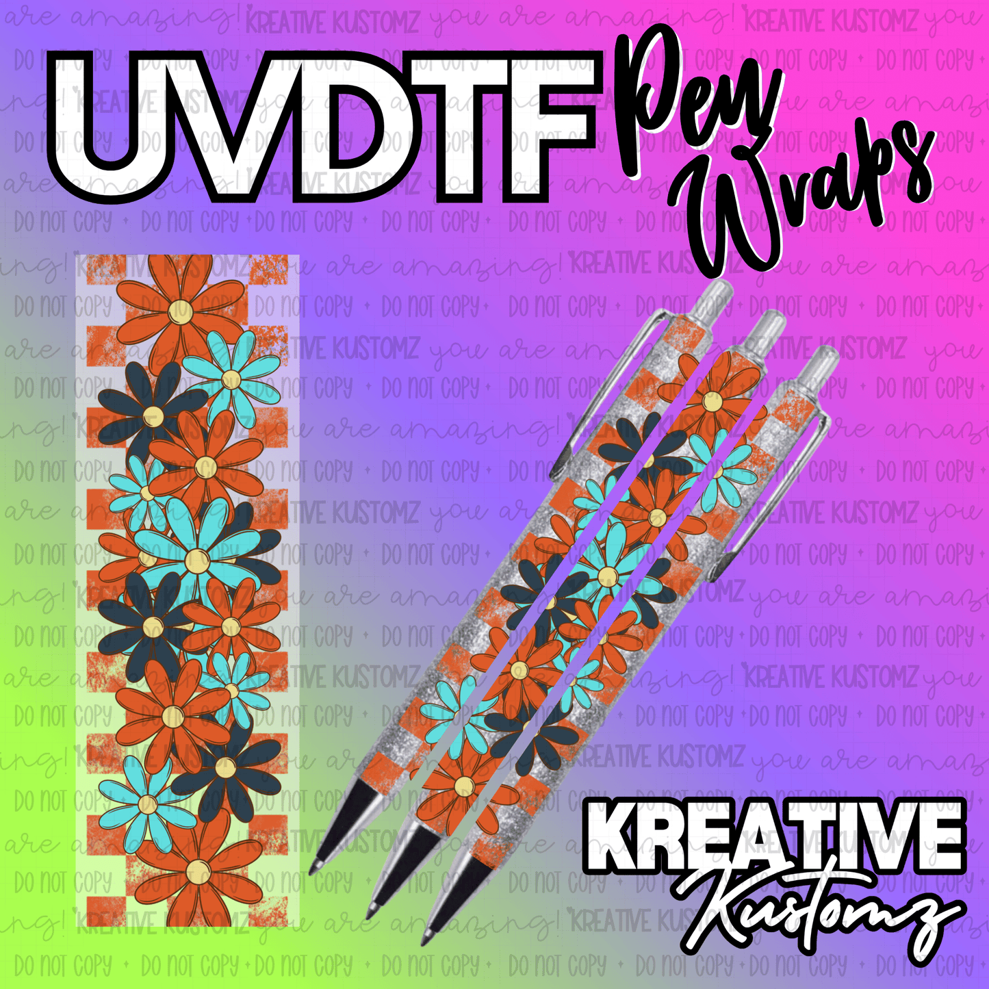 A floral UV DTF adhesive pen wrap featuring orange and teal flowers on a checkered background.