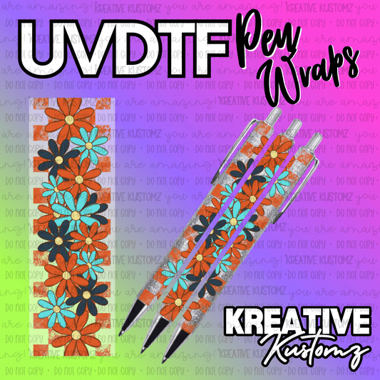 A floral UV DTF adhesive pen wrap featuring orange and teal flowers on a checkered background.