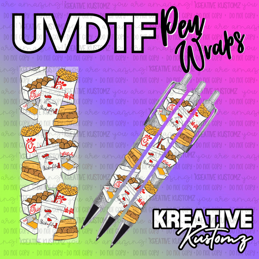 A Chick-fil-A themed UV DTF adhesive pen wrap featuring food items on a gradient background.