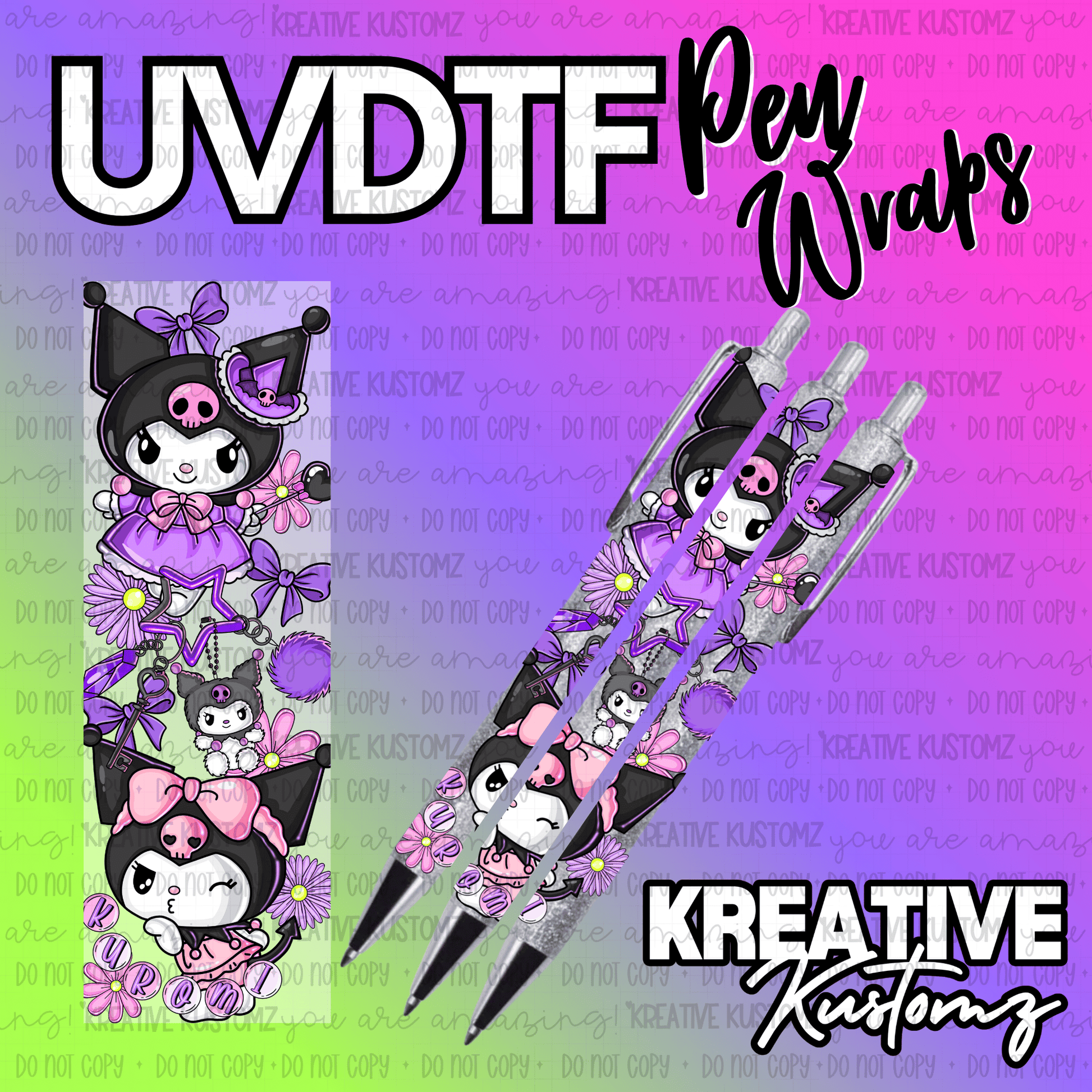 A Kuromi themed UV DTF adhesive pen wrap featuring purple flowers and character illustrations.