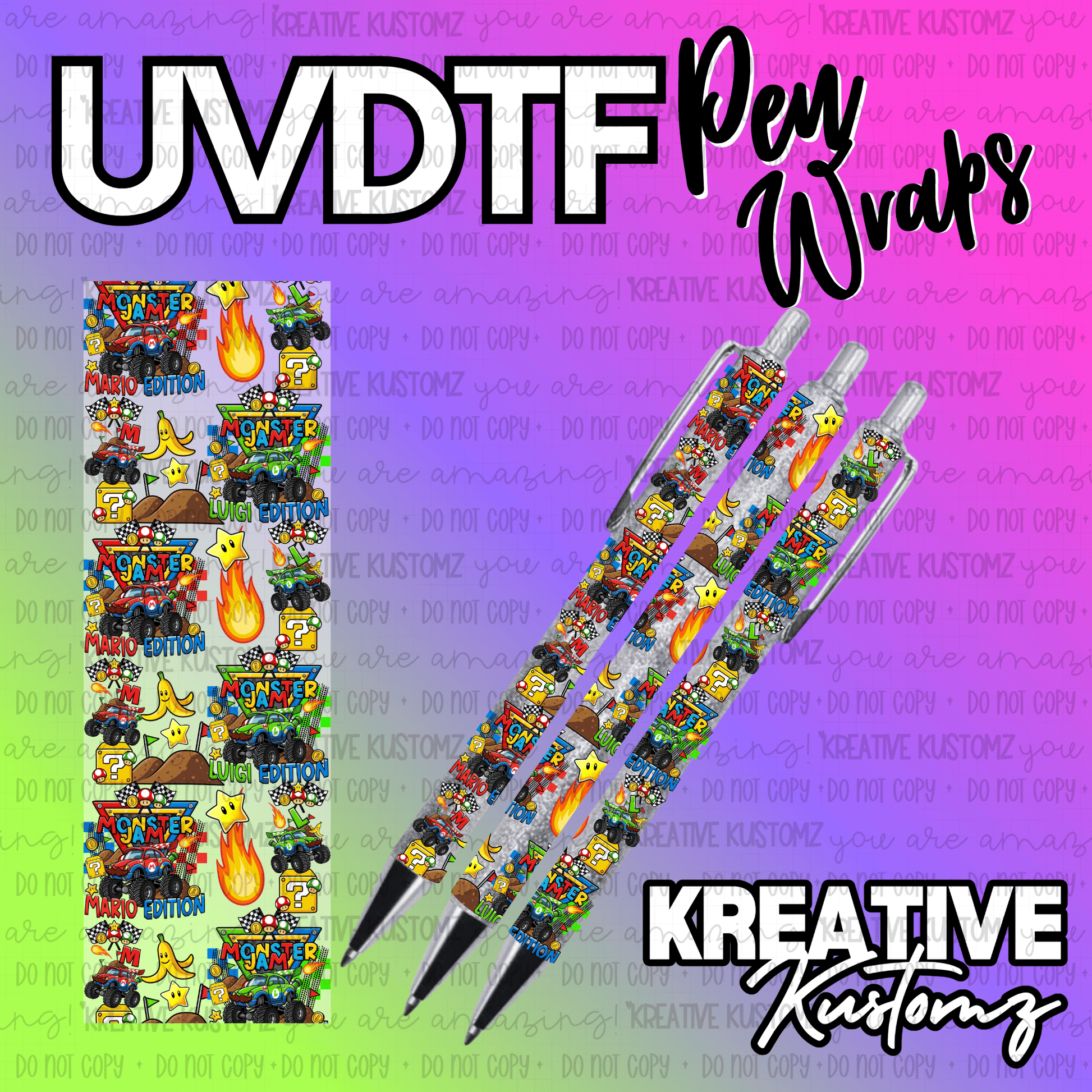 A Mario and Luigi themed UV DTF adhesive pen wrap featuring monster trucks and game icons.