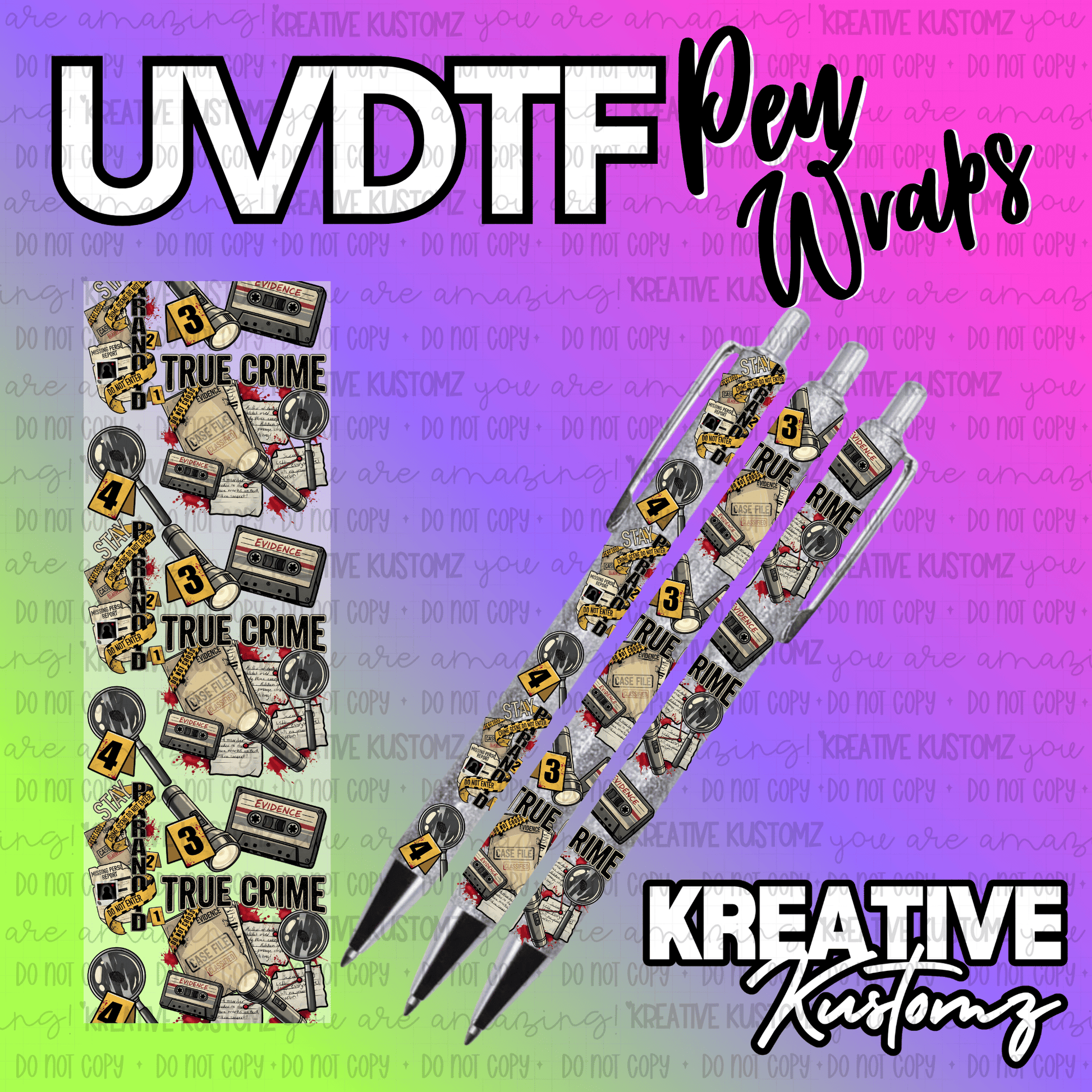 A true crime themed UV DTF adhesive pen wrap featuring evidence markers and cassette tapes.