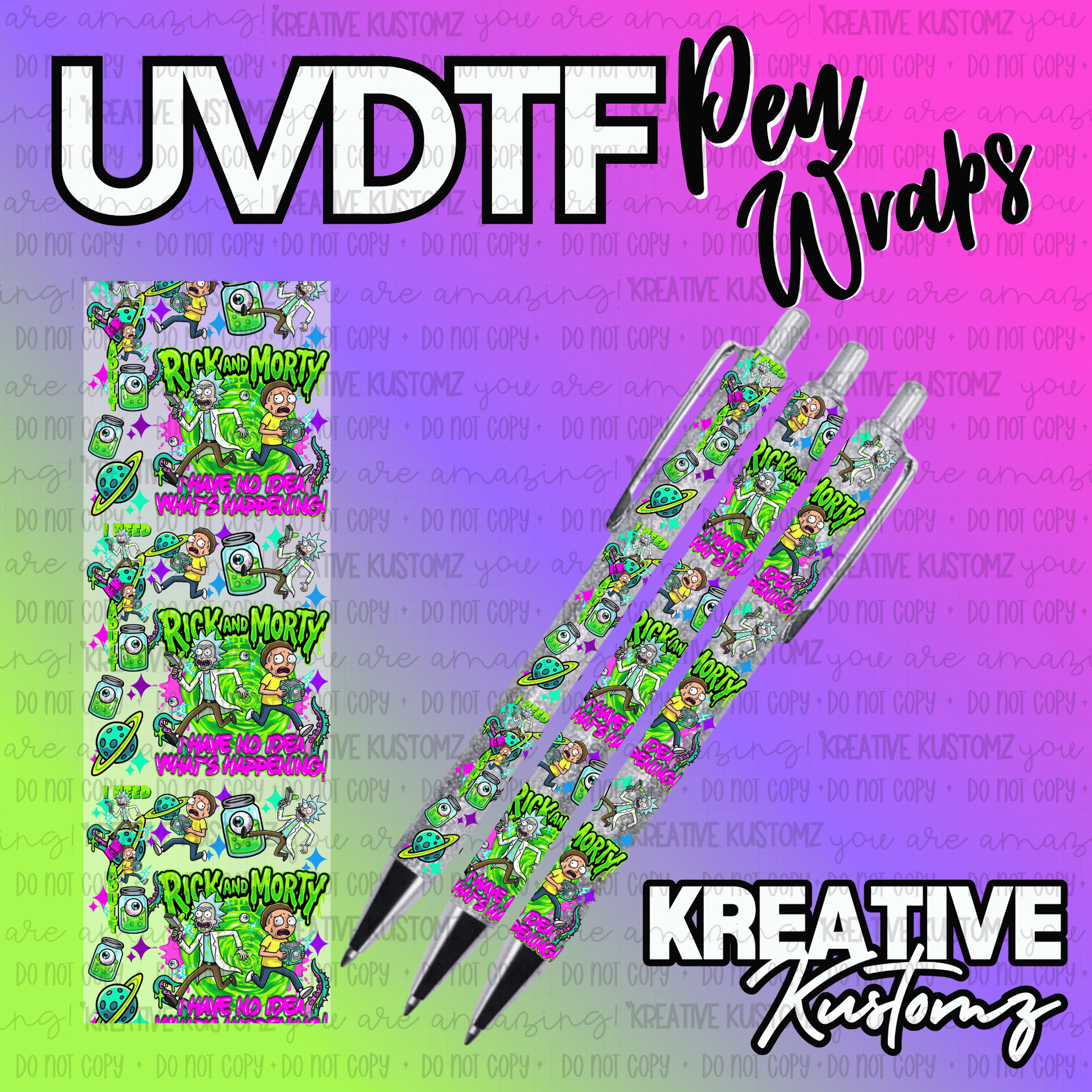A Rick and Morty themed UV DTF adhesive pen wrap featuring a colorful cartoon character pattern.