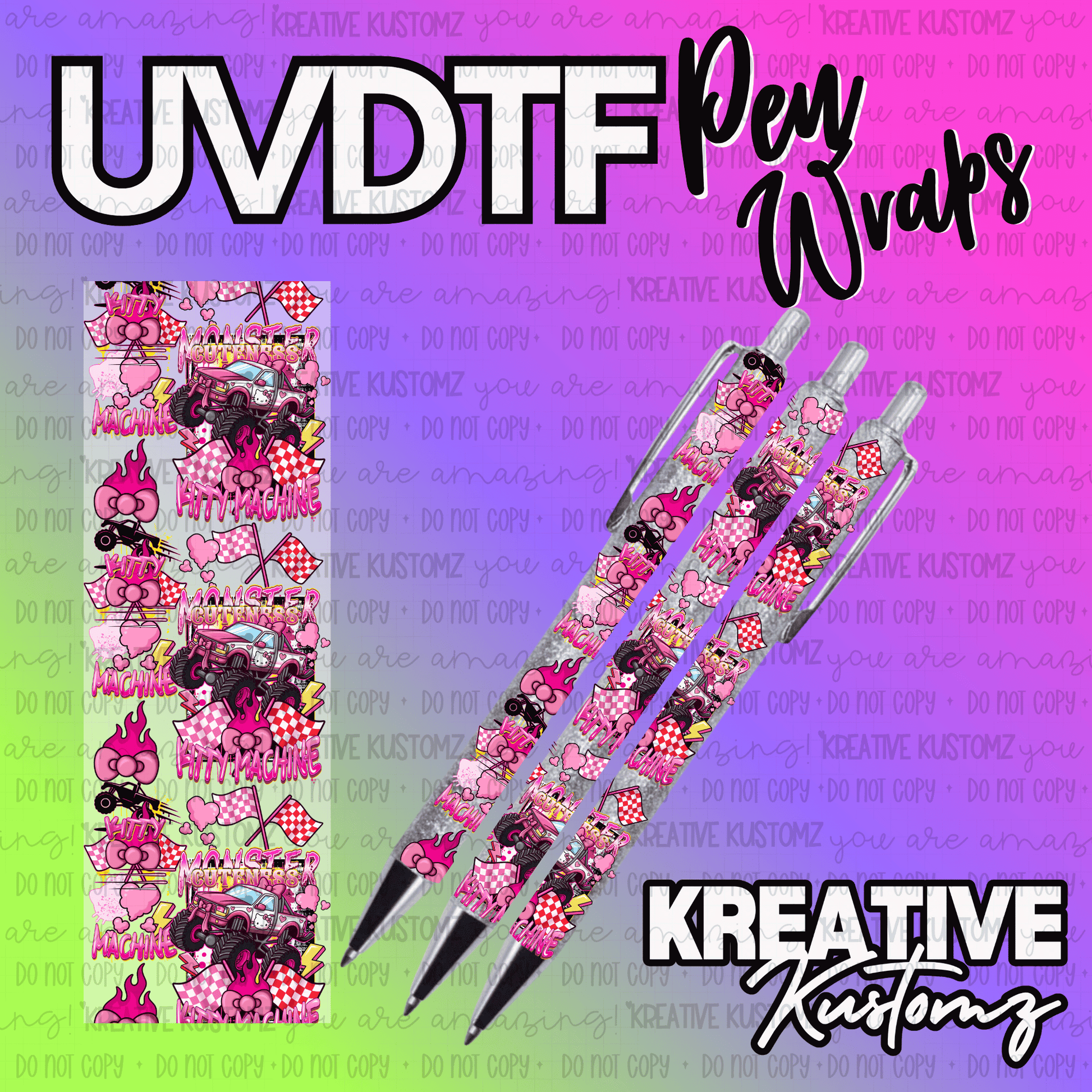 A pink monster truck themed UV DTF adhesive pen wrap decal with a checkered flag design.
