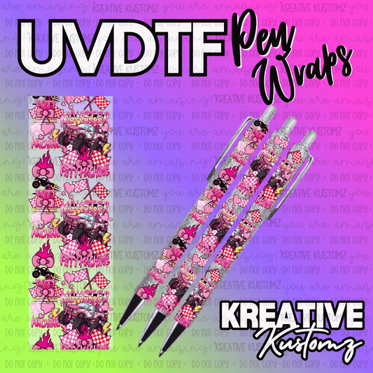 A pink monster truck themed UV DTF adhesive pen wrap decal with a checkered flag design.