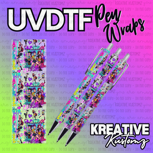 A UV DTF adhesive pen wrap featuring a colorful pop star design with musical motifs.