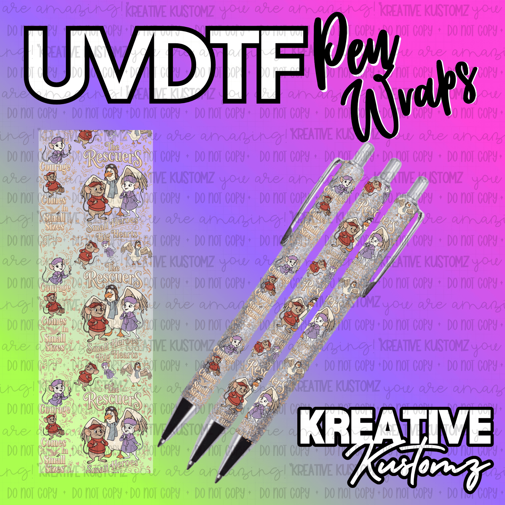 A UV DTF adhesive pen wrap featuring characters from The Rescuers with a floral background.