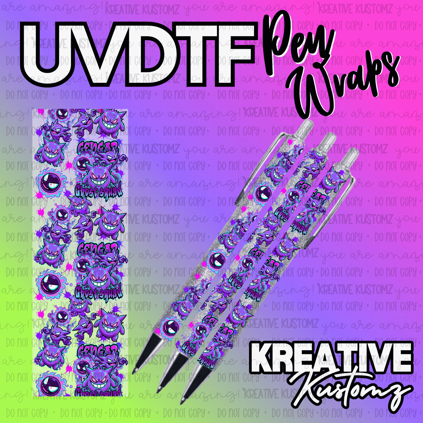 A Gengar themed UV DTF adhesive pen wrap featuring purple ghost characters on a clear background.