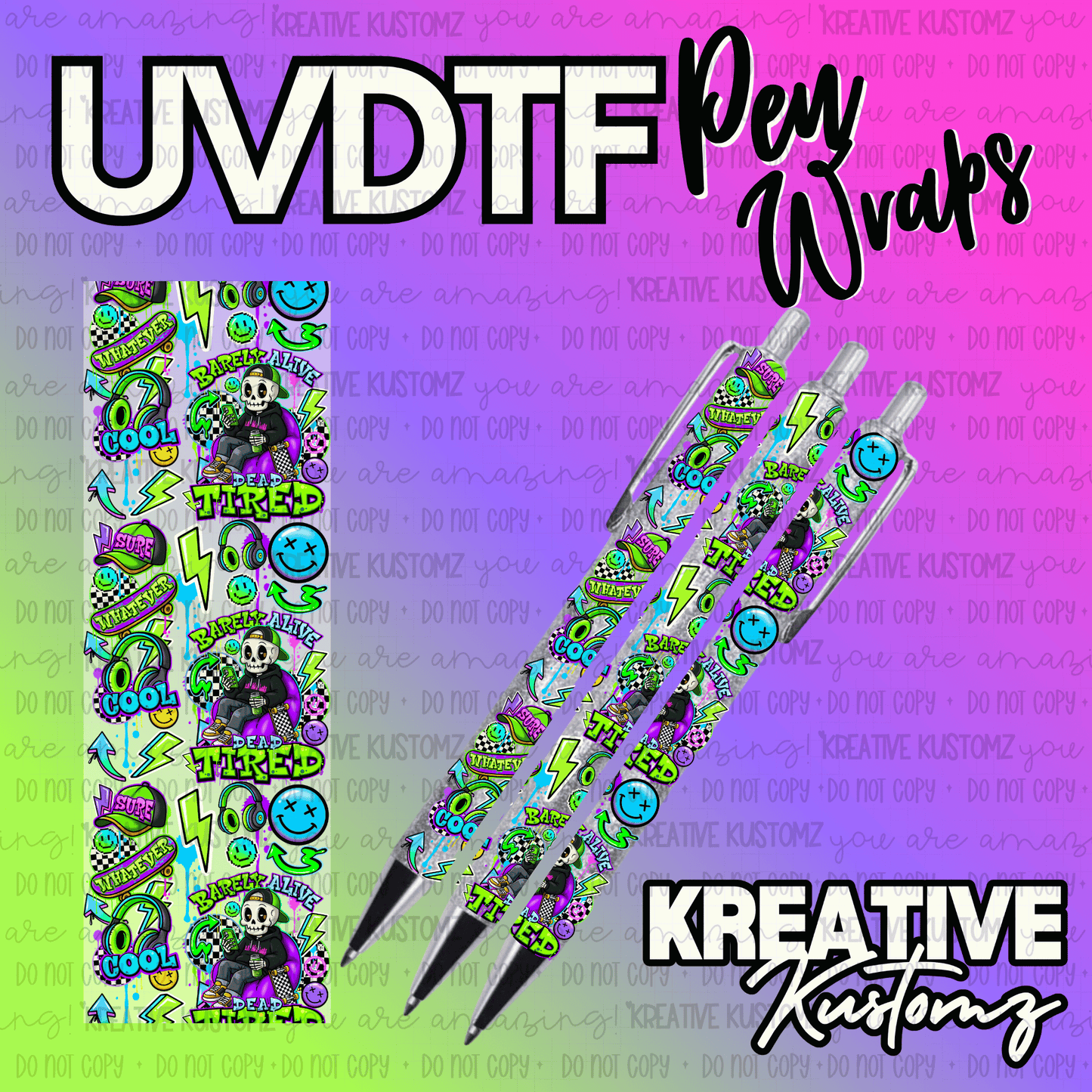 A UV DTF adhesive pen wrap featuring a skeleton, smiley faces, and neon lightning bolt designs.