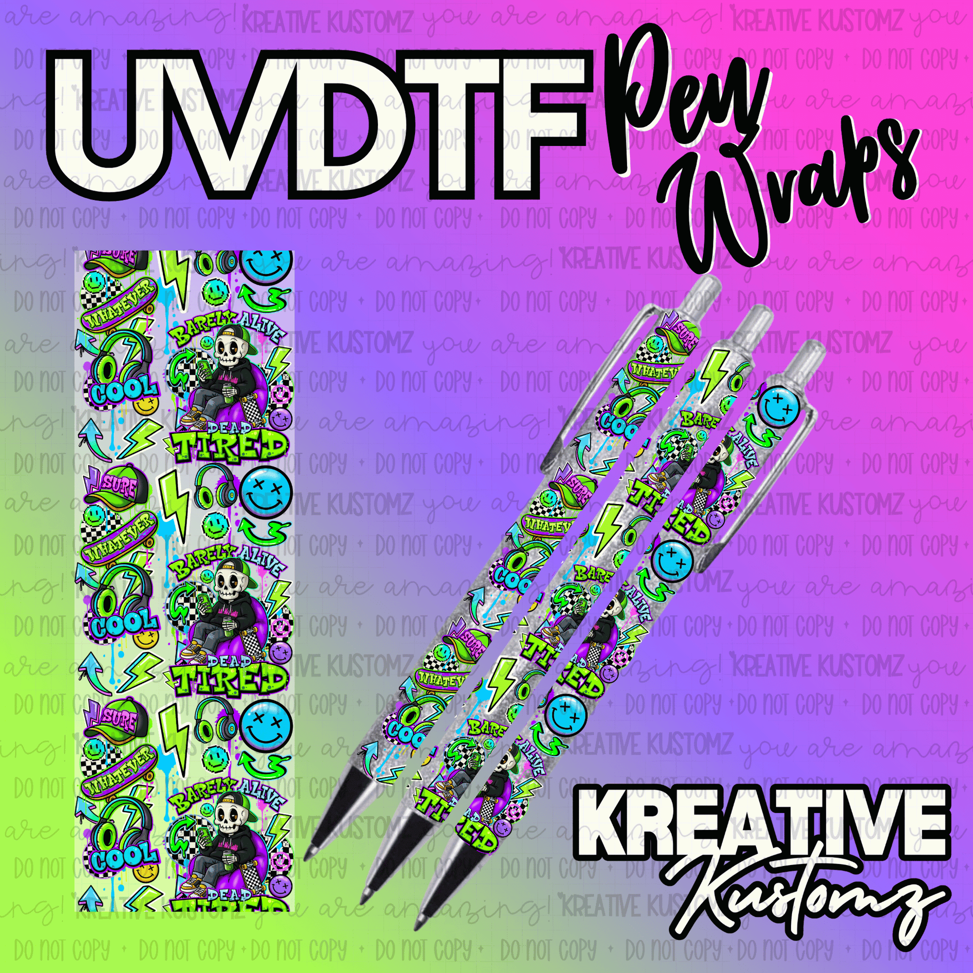 A UV DTF adhesive pen wrap featuring a skeleton, smiley faces, and neon lightning bolt designs.