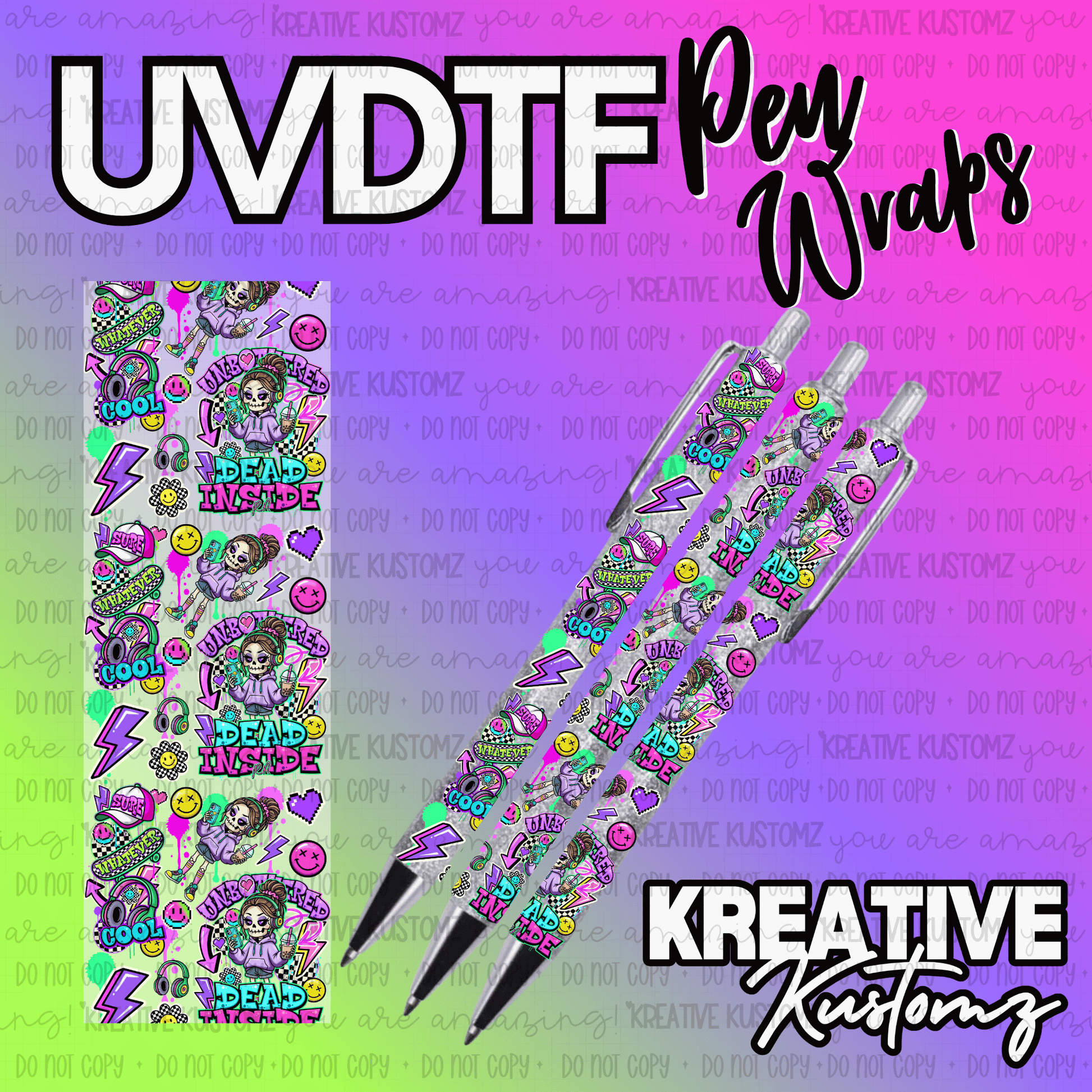A UV DTF adhesive pen wrap featuring a colorful pattern of skulls, lightning bolts, and text.