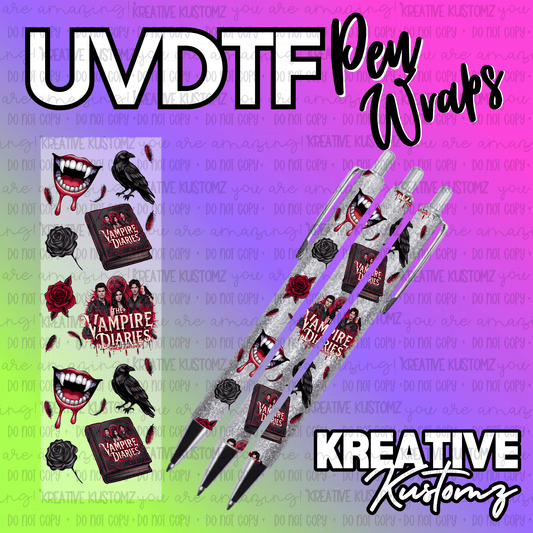 A Vampire Diaries themed UV DTF adhesive pen wrap featuring character and rose illustrations.