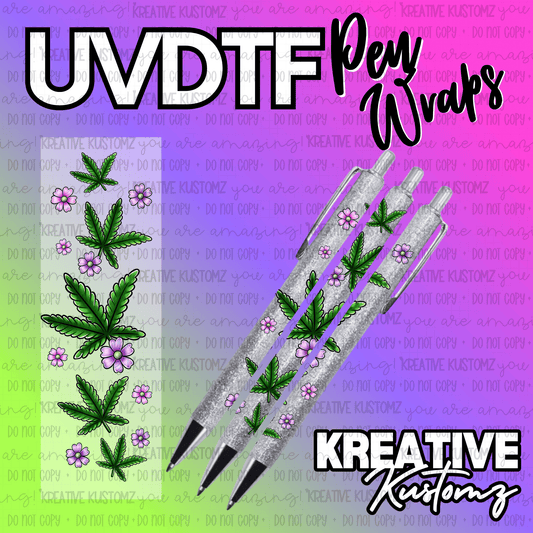 A UV DTF adhesive pen wrap featuring a pattern of green cannabis leaves and small pink flowers.