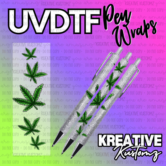 A UV DTF adhesive pen wrap featuring a green cannabis leaf pattern on a glittery background.