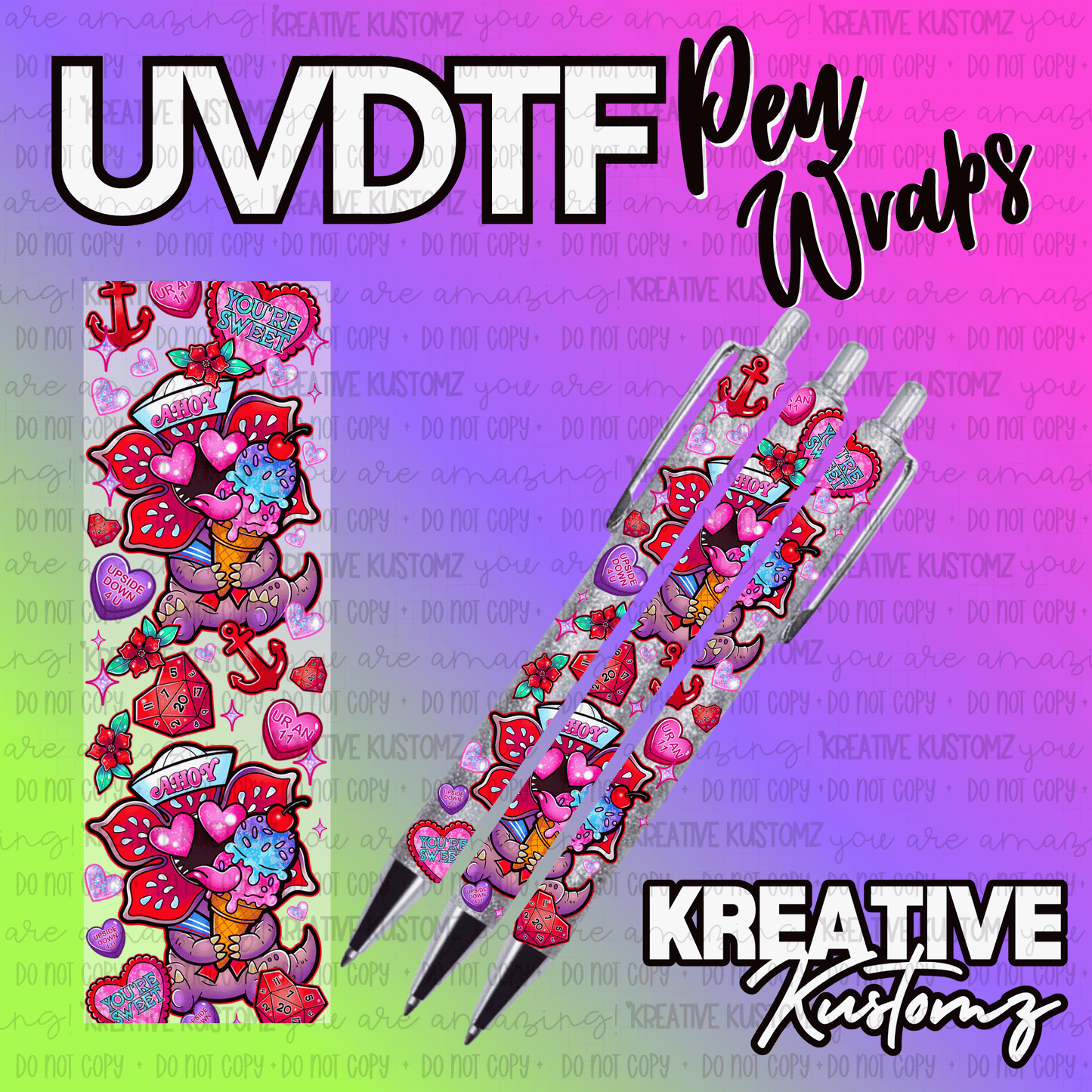 A UV DTF adhesive pen wrap featuring a colorful Stranger Things inspired design.