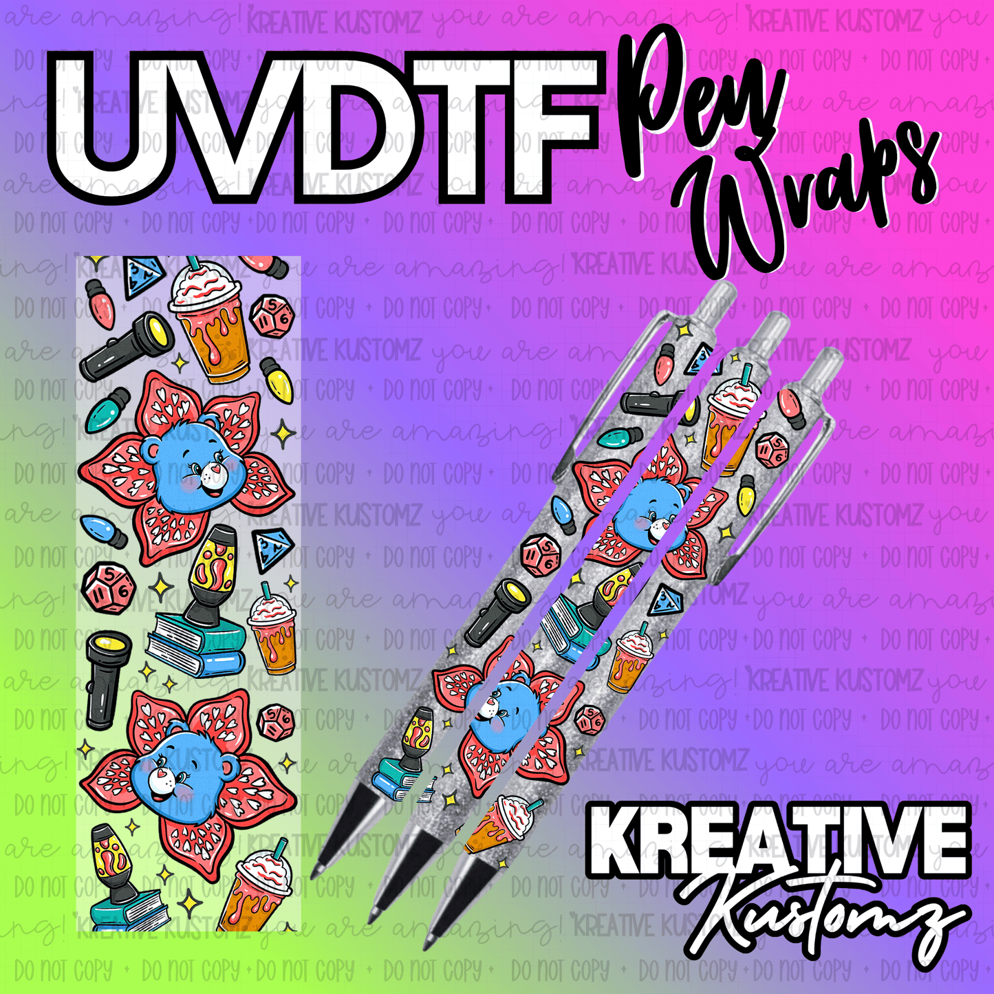 A UV DTF adhesive pen wrap featuring a pattern of blue bears, flowers, and retro icons.