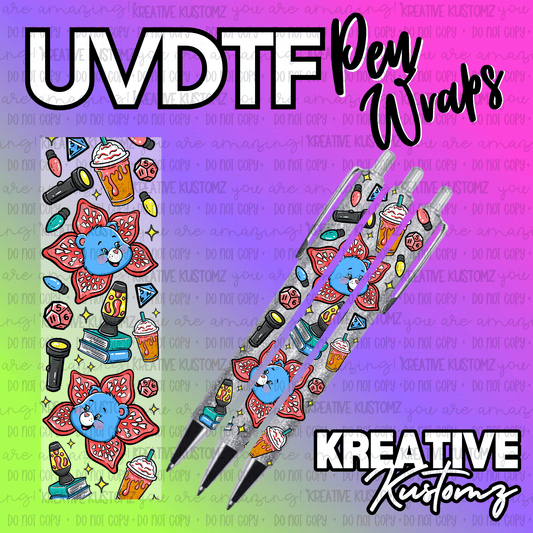 A UV DTF adhesive pen wrap featuring a pattern of blue bears, flowers, and retro icons.